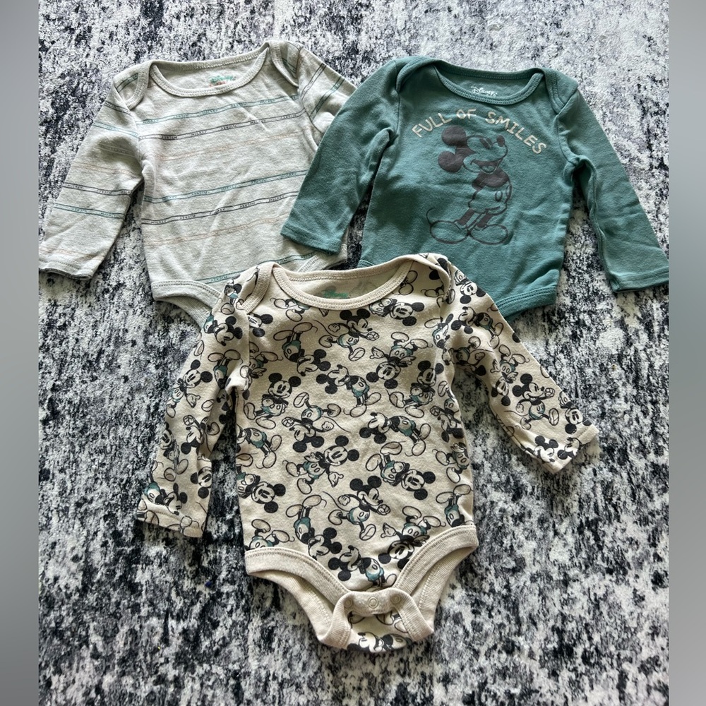 Disney Mickey Mouse Baby Bodysuit Trio - Teal,‎ Beige, Cream